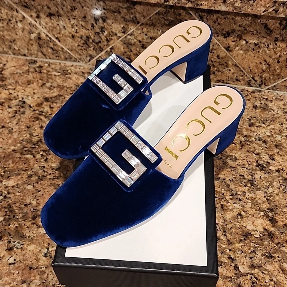 Gucci Madelyn Crystal Logo Cobalt Mules - SZ 40 - Picture 1 of 17